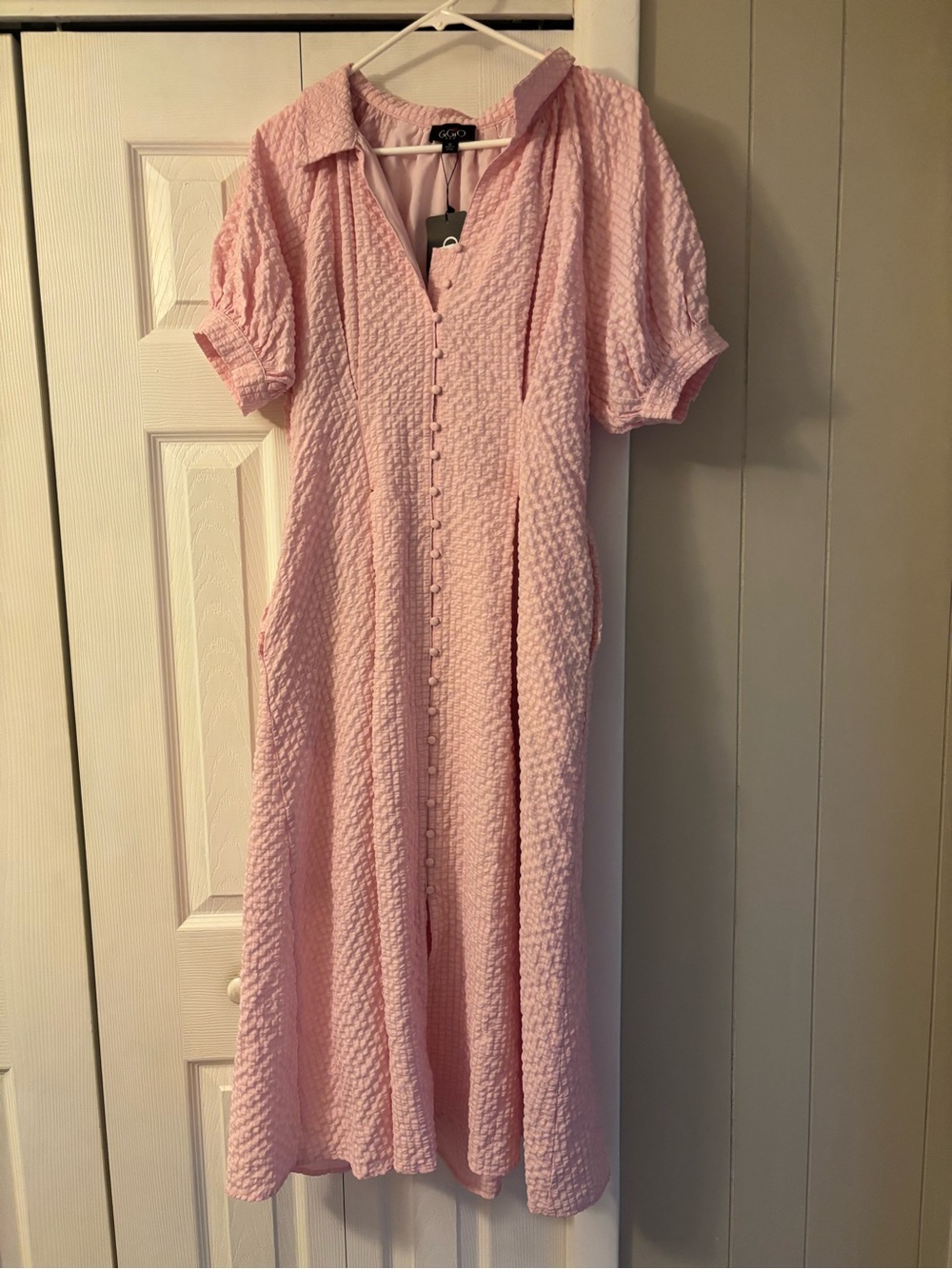 Pink gingham Textured Button-Front Midi Dress